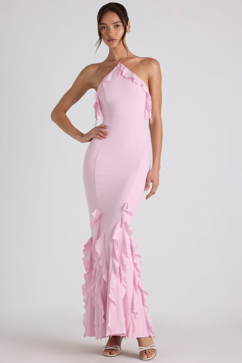 Chic Ruffle-Trim Halterneck Gown in Soft Pink