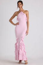 Chic Ruffle-Trim Halterneck Gown in Soft Pink