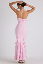 Chic Ruffle-Trim Halterneck Gown in Soft Pink