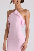 Chic Ruffle-Trim Halterneck Gown in Soft Pink