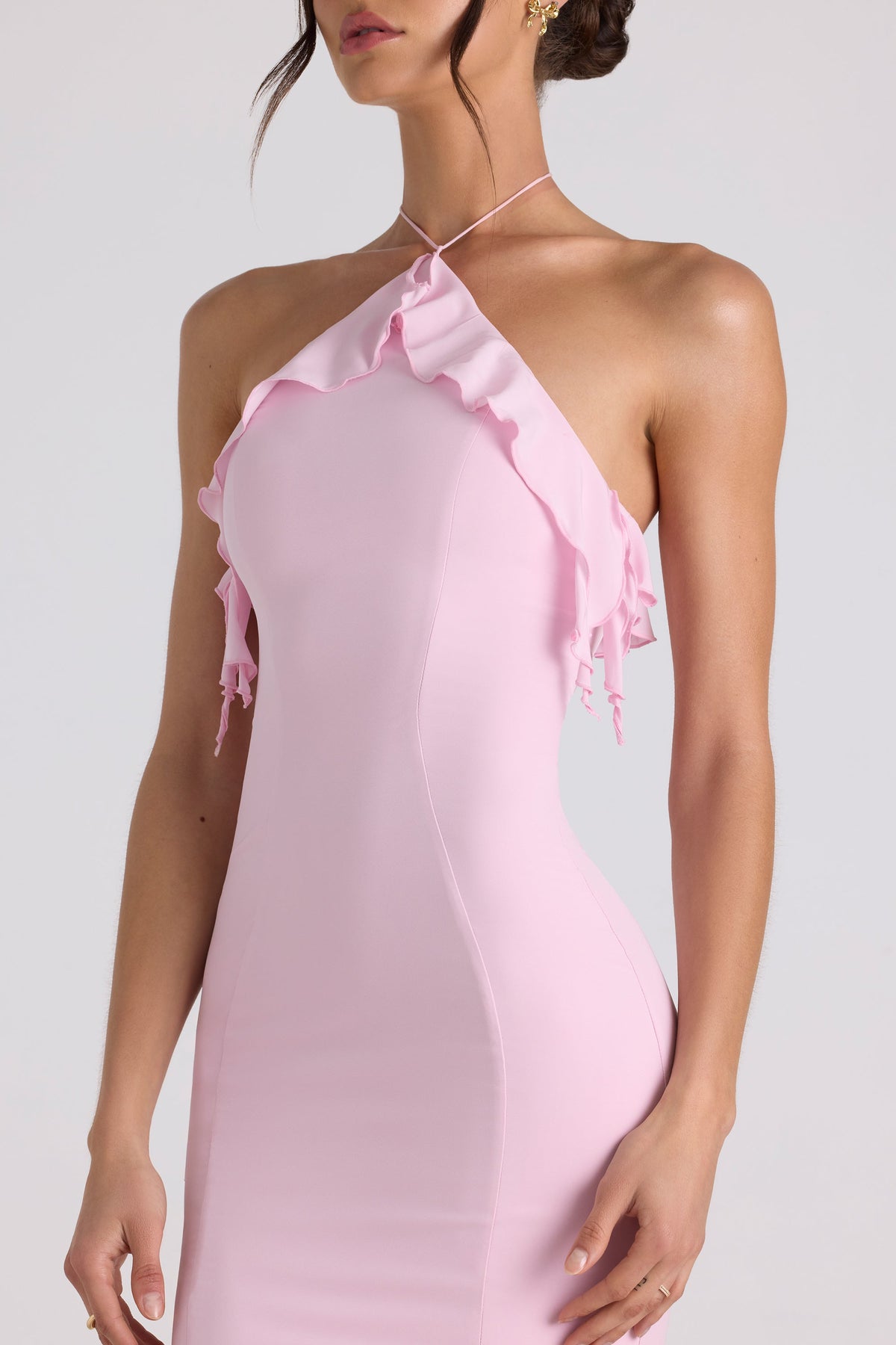 Chic Ruffle-Trim Halterneck Gown in Soft Pink