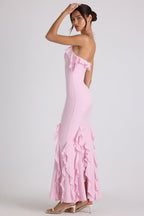 Chic Ruffle-Trim Halterneck Gown in Soft Pink