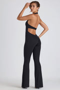 Chic Modal Lace-Trim Cut-Out Flared Jumpsuit in Black