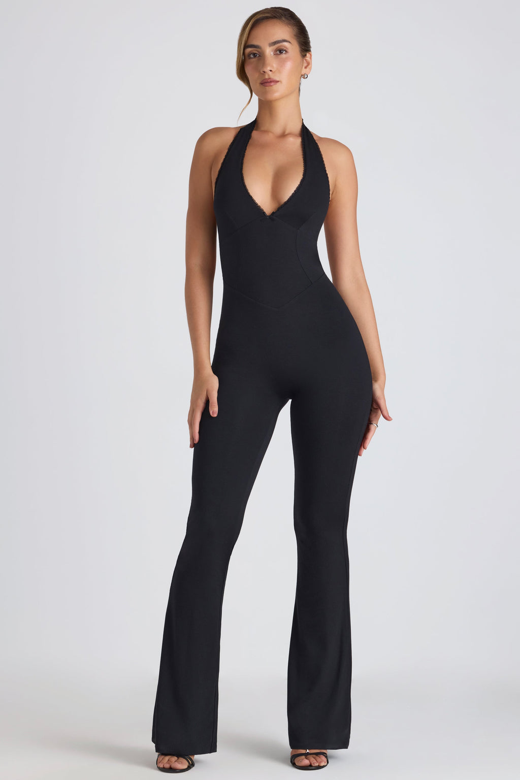 Chic Modal Lace-Trim Cut-Out Flared Jumpsuit in Black