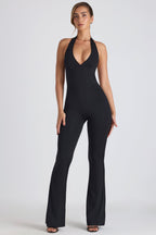 Chic Modal Lace-Trim Cut-Out Flared Jumpsuit in Black
