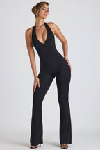 Chic Modal Lace-Trim Cut-Out Flared Jumpsuit in Black