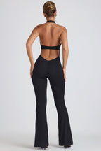 Chic Modal Lace-Trim Cut-Out Flared Jumpsuit in Black