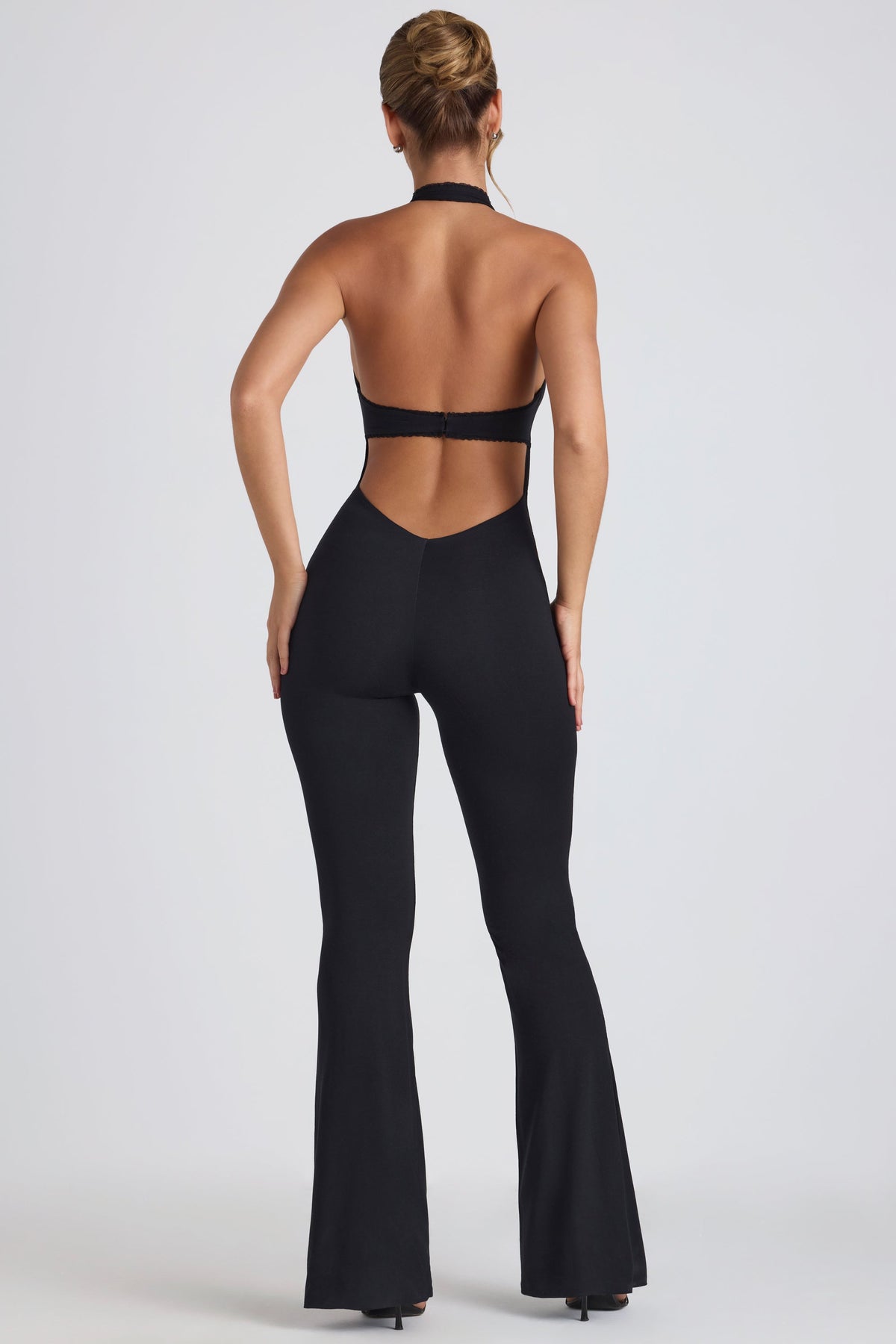 Chic Modal Lace-Trim Cut-Out Flared Jumpsuit in Black