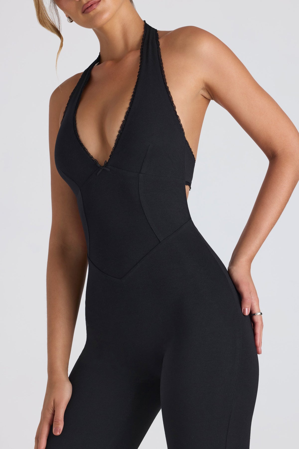 Chic Modal Lace-Trim Cut-Out Flared Jumpsuit in Black