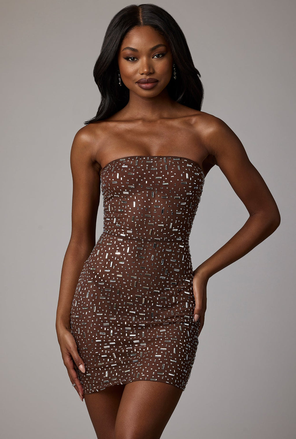 Chic Sheer Embellished Bodycon Mini Dress in Deep Cocoa