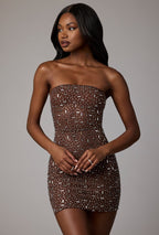 Chic Sheer Embellished Bodycon Mini Dress in Deep Cocoa