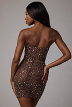 Chic Sheer Embellished Bodycon Mini Dress in Deep Cocoa