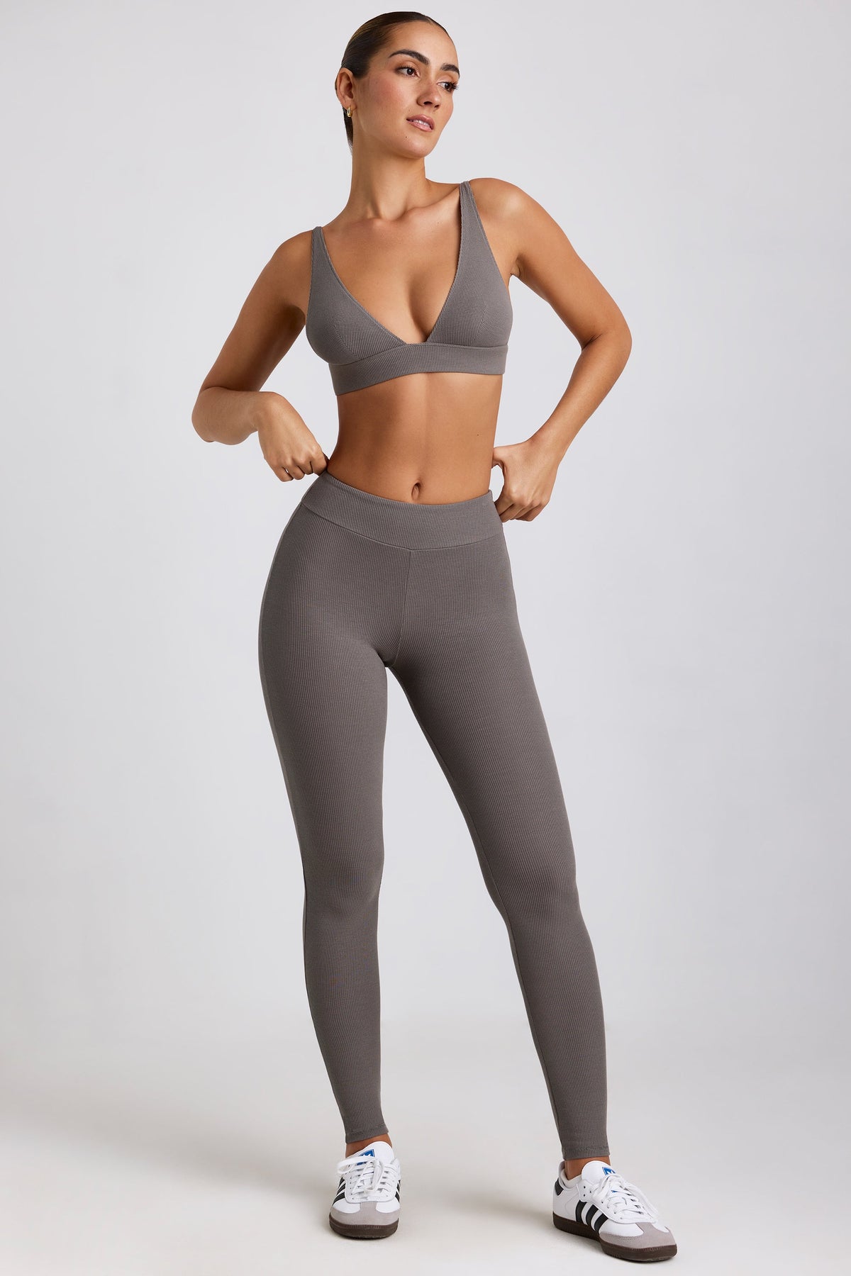 Chic Petite Ribbed Modal High Waist Leggings in Grey