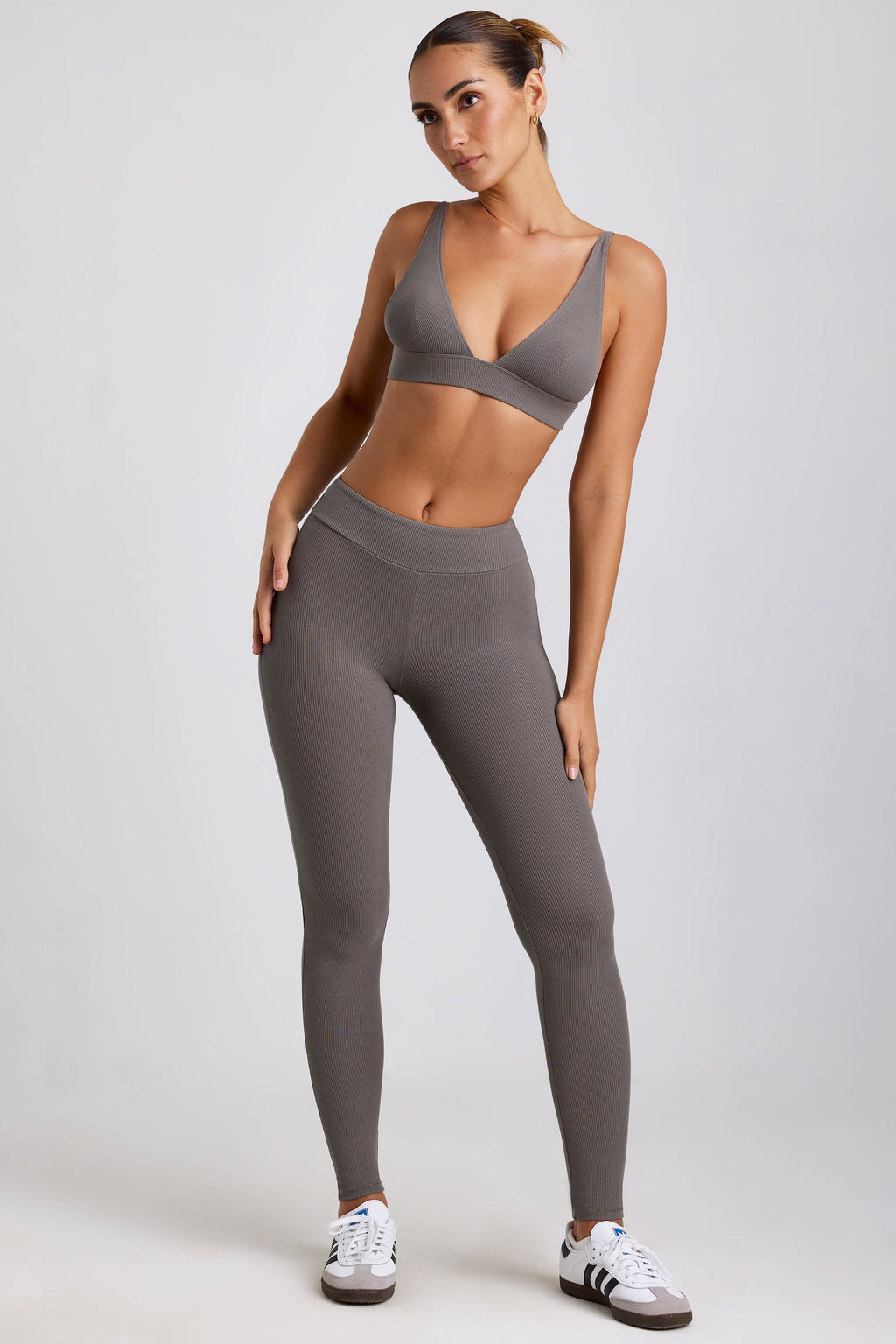 Chic Petite Ribbed Modal High Waist Leggings in Grey