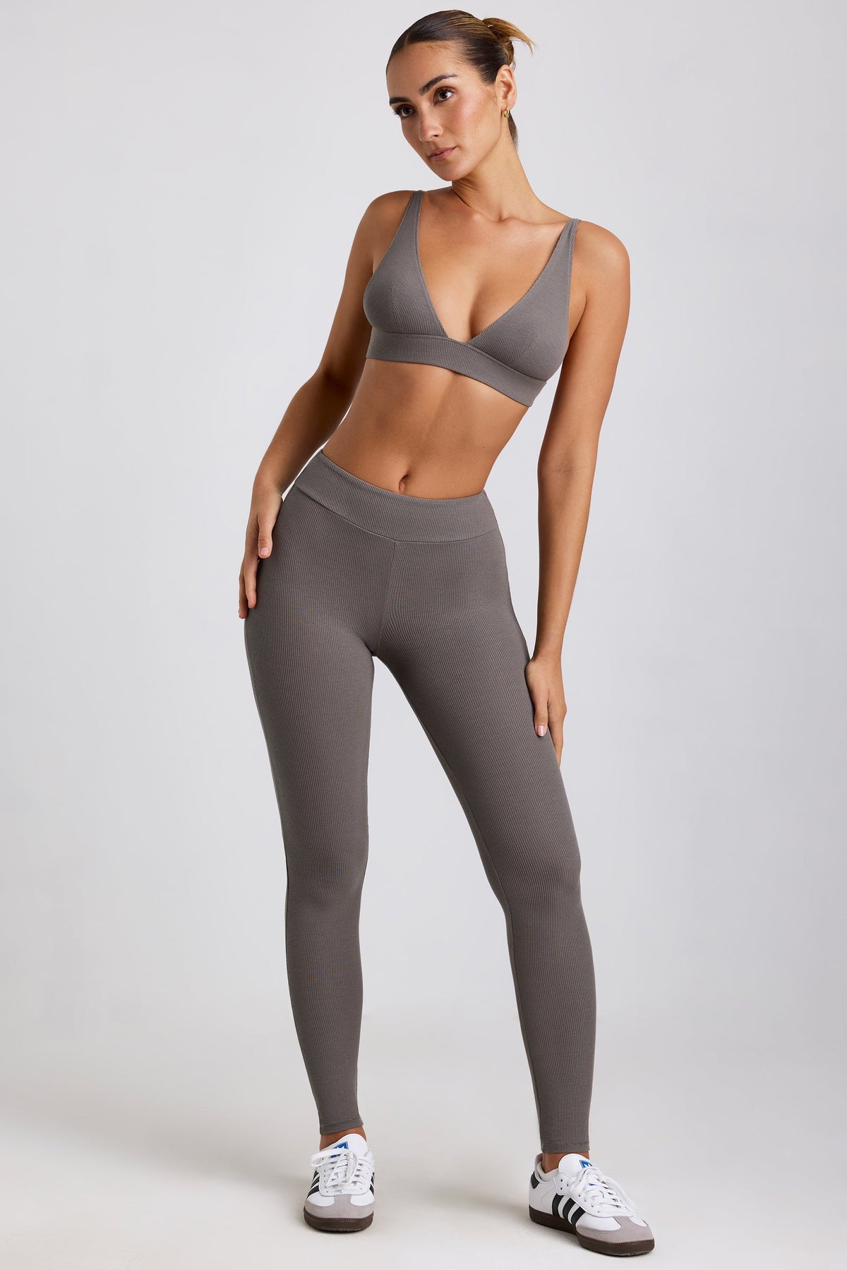 Chic Petite Ribbed Modal High Waist Leggings in Grey