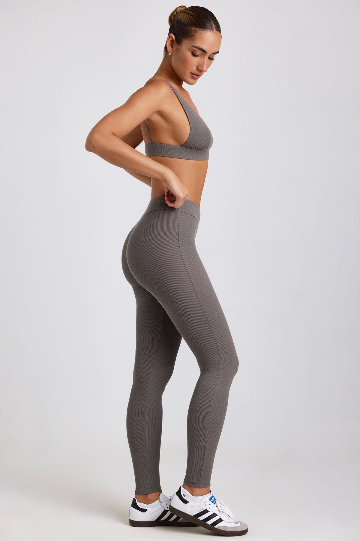 Chic Petite Ribbed Modal High Waist Leggings in Grey