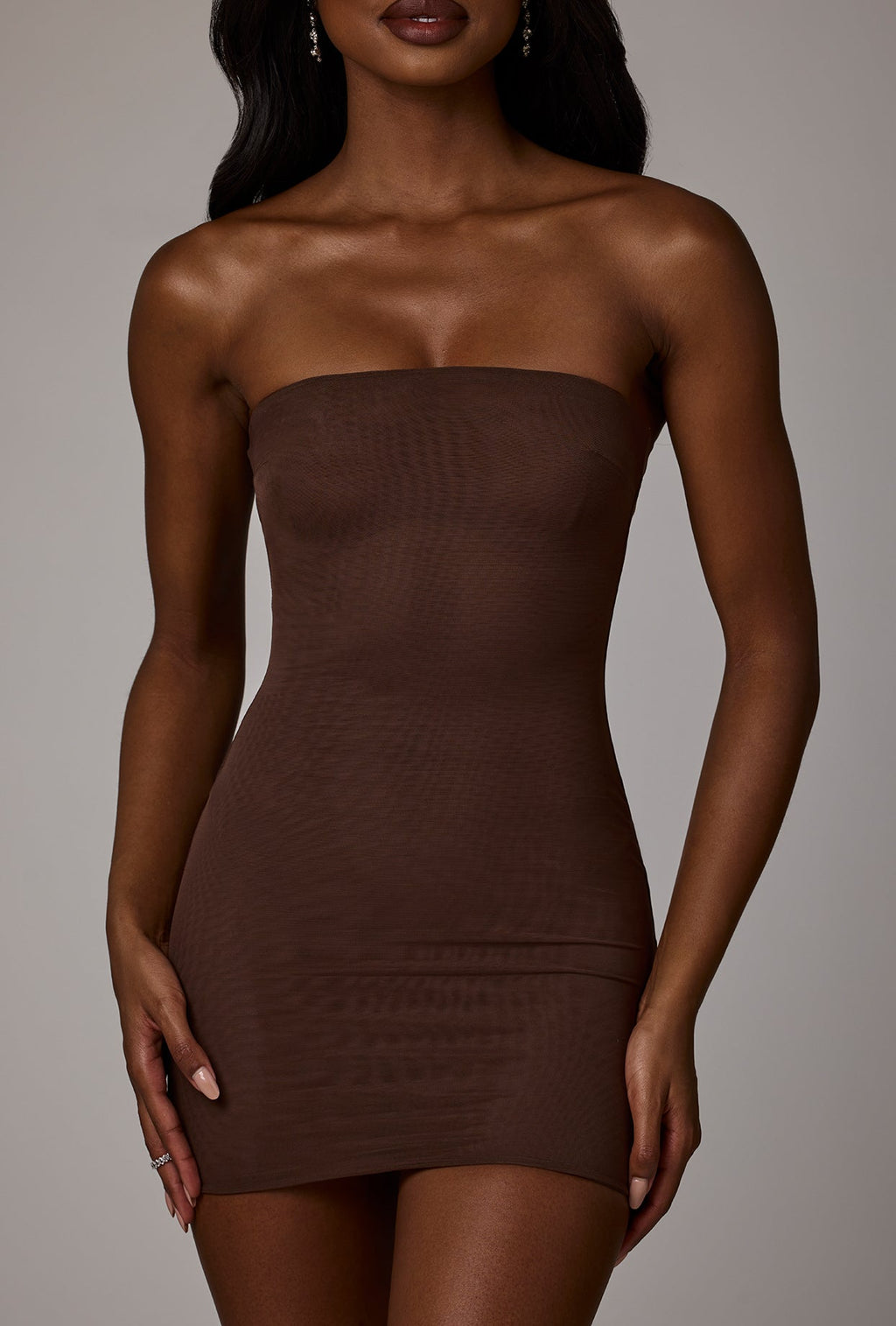 Chic Soft Sheer-Mesh Bandeau Mini Slip Dress in Deep Cocoa