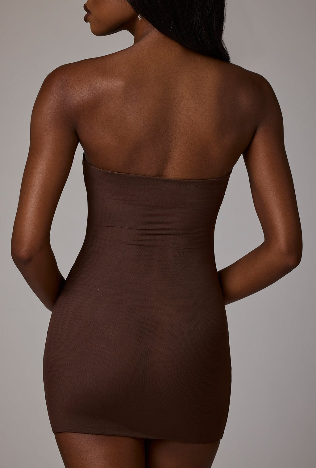 Chic Soft Sheer-Mesh Bandeau Mini Slip Dress in Deep Cocoa
