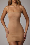 Chic Soft Sheer-Mesh Bandeau Mini Slip Dress in Almond