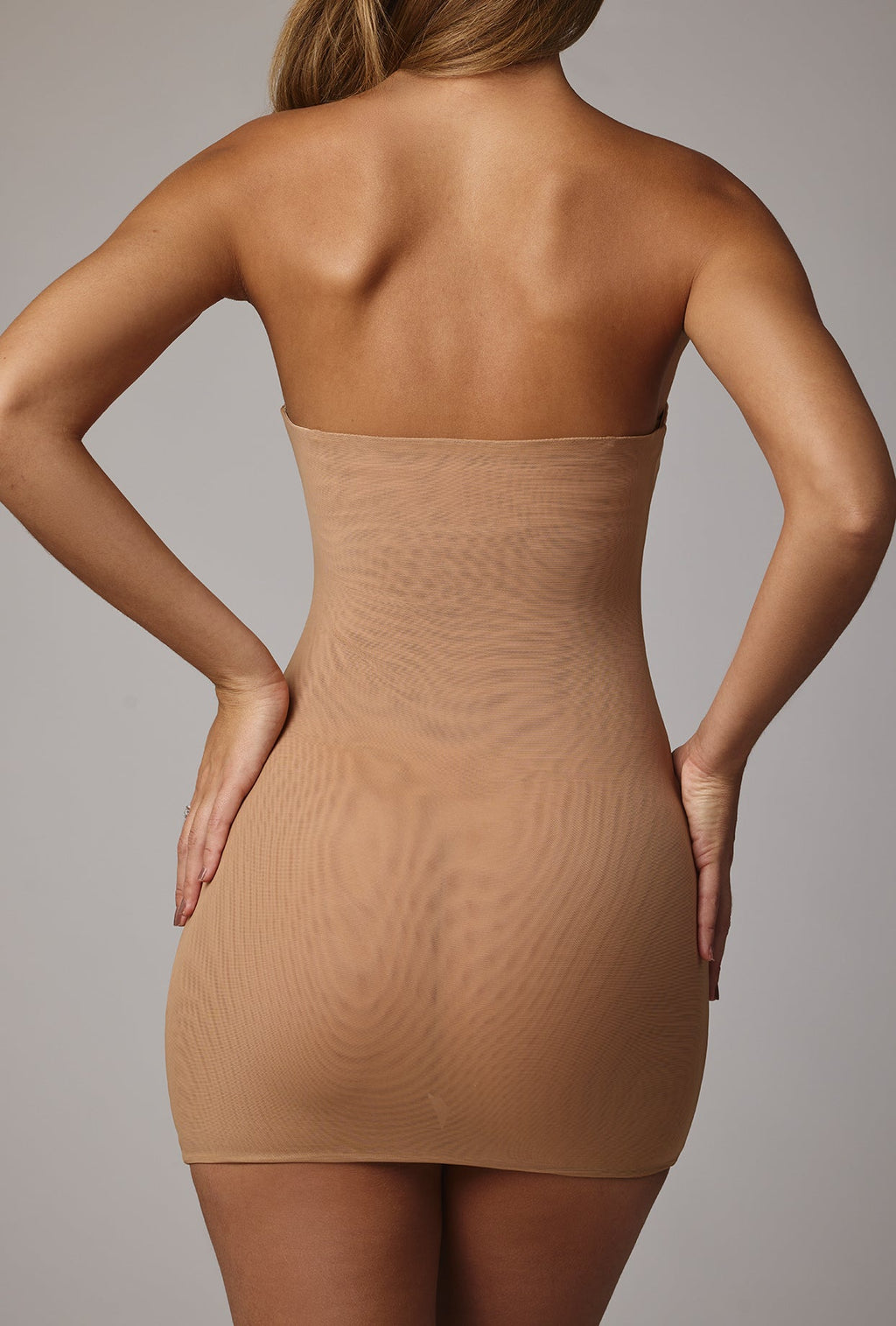 Chic Soft Sheer-Mesh Bandeau Mini Slip Dress in Almond