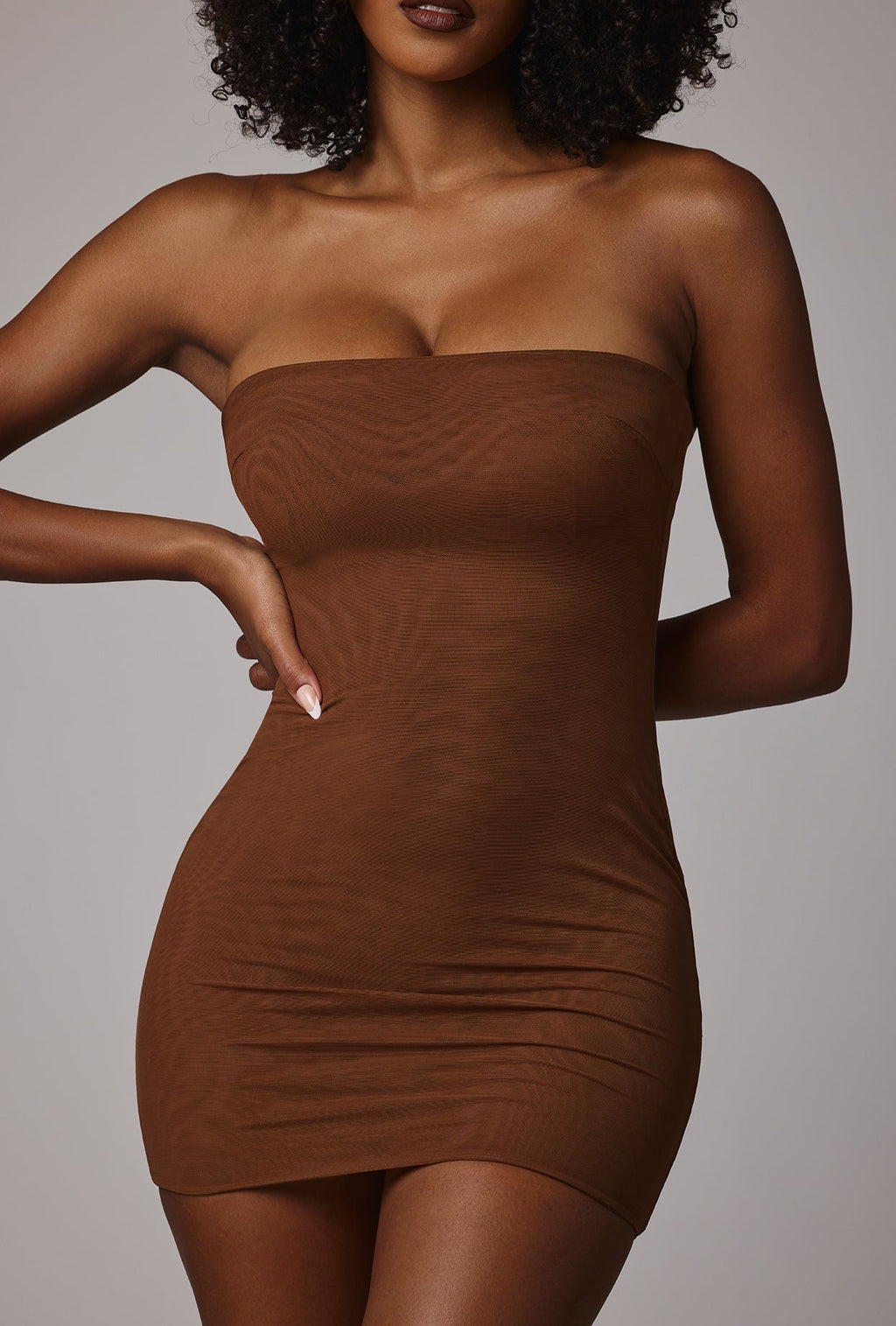 Chic Soft Sheer-Mesh Bandeau Mini Slip Dress in Mocha