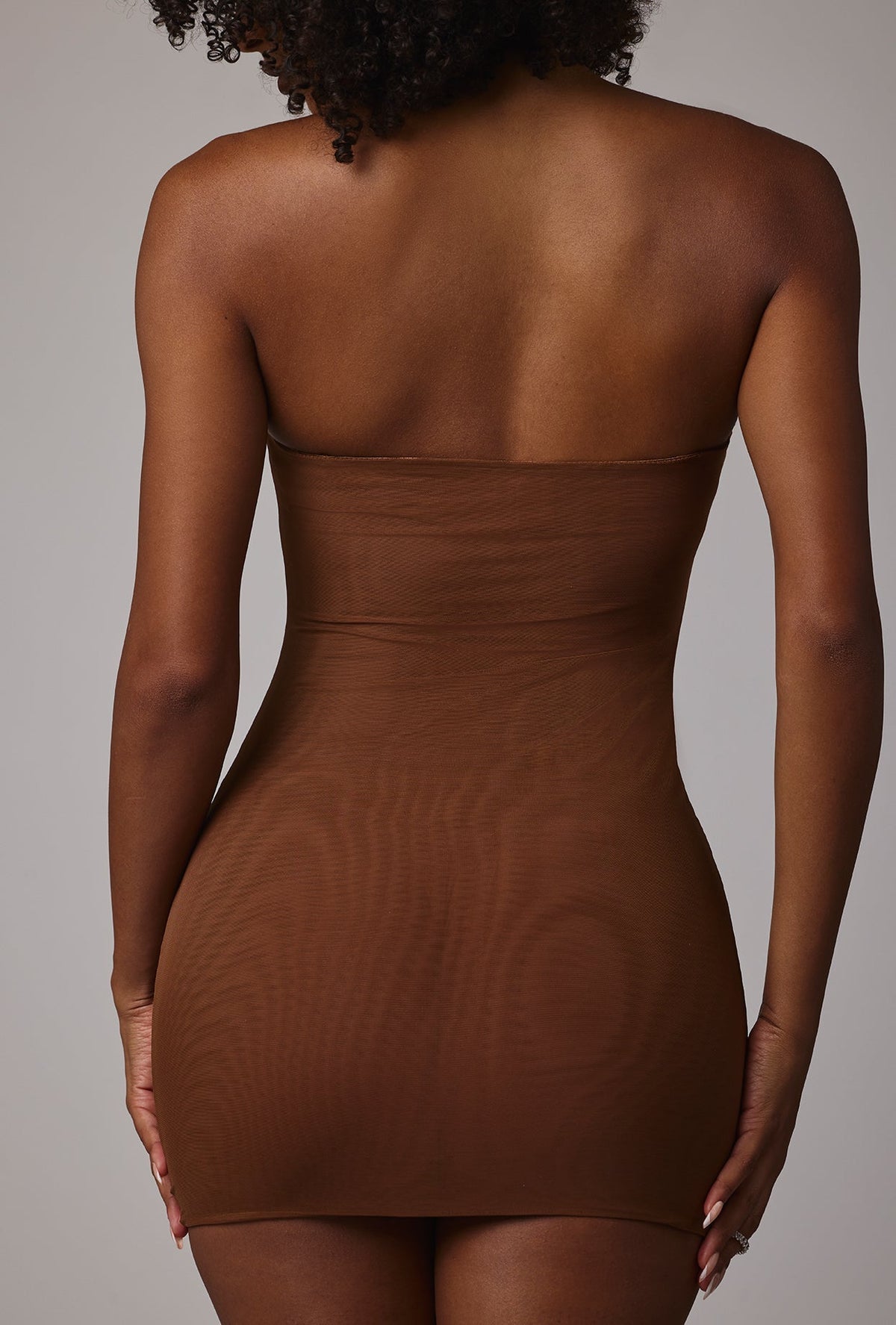 Chic Soft Sheer-Mesh Bandeau Mini Slip Dress in Mocha