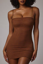 Chic Soft Sheer-Mesh Bandeau Mini Slip Dress in Mocha