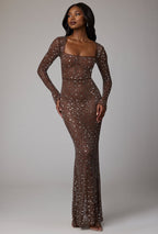 Chic Sheer Embellished Long Sleeve Evening Gown in Deep Cocoa