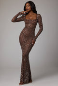 Chic Sheer Embellished Long Sleeve Evening Gown in Deep Cocoa