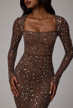Chic Sheer Embellished Long Sleeve Evening Gown in Deep Cocoa