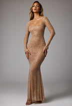 Chic Sheer Embellished Long Sleeve Evening Gown in Almond