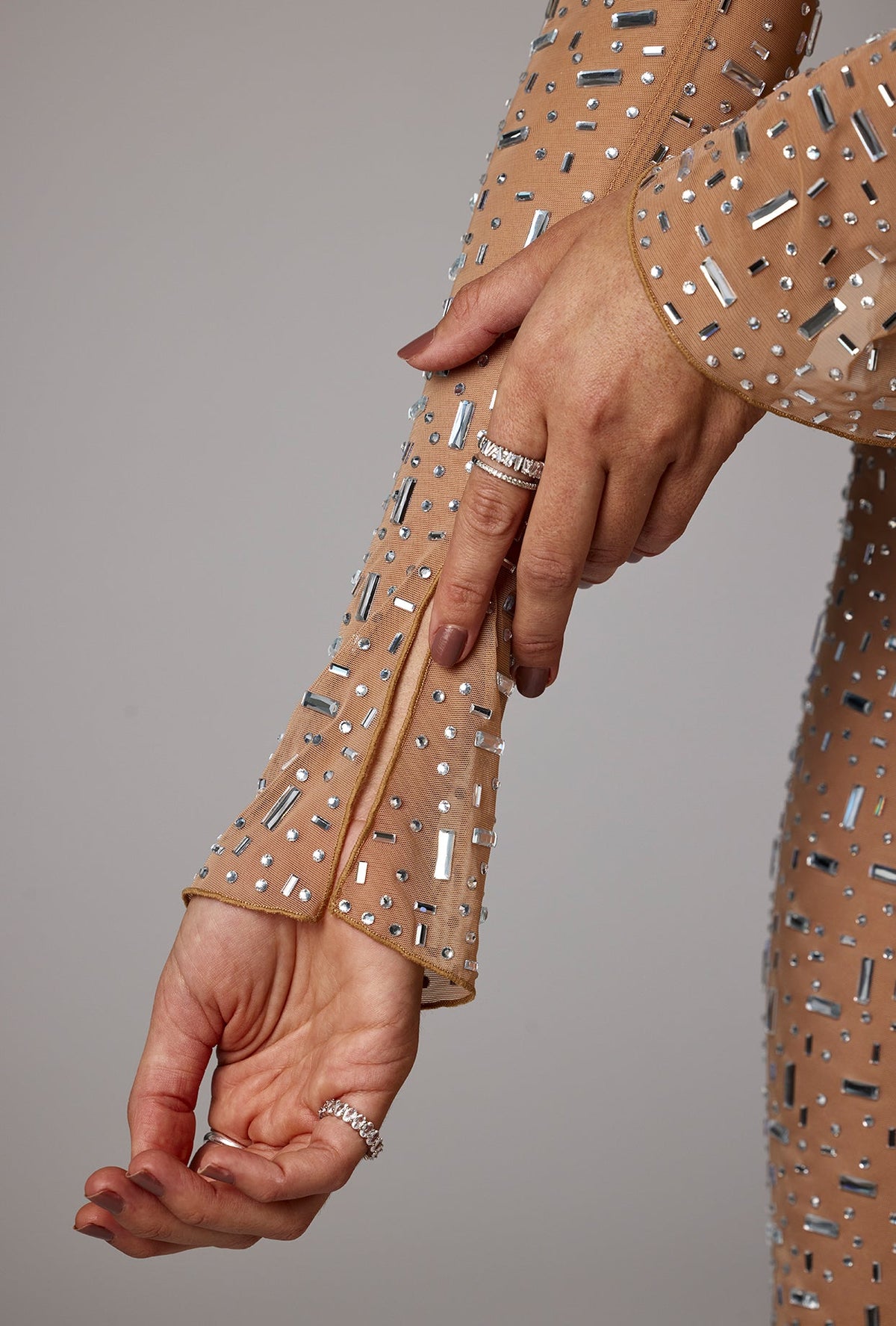 Chic Sheer Embellished Long Sleeve Evening Gown in Almond