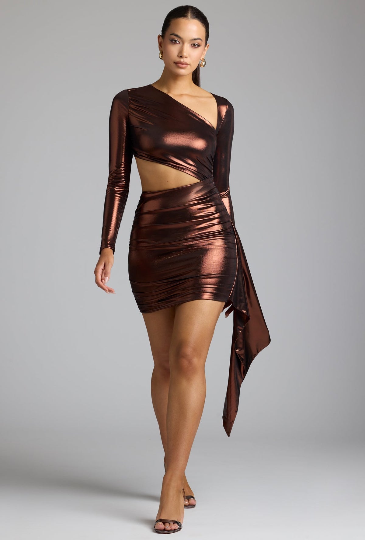 Chic Cut Out Metallic Jersey Mini Dress in Copper Bronze