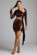 Chic Cut Out Metallic Jersey Mini Dress in Copper Bronze