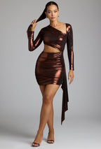 Chic Cut Out Metallic Jersey Mini Dress in Copper Bronze