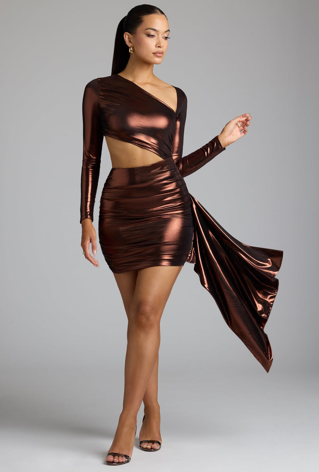 Chic Cut Out Metallic Jersey Mini Dress in Copper Bronze
