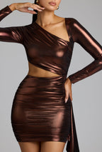 Chic Cut Out Metallic Jersey Mini Dress in Copper Bronze