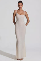 Chic Embellished Backless Maxi Dress in White