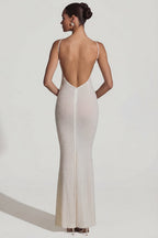 Chic Embellished Backless Maxi Dress in White