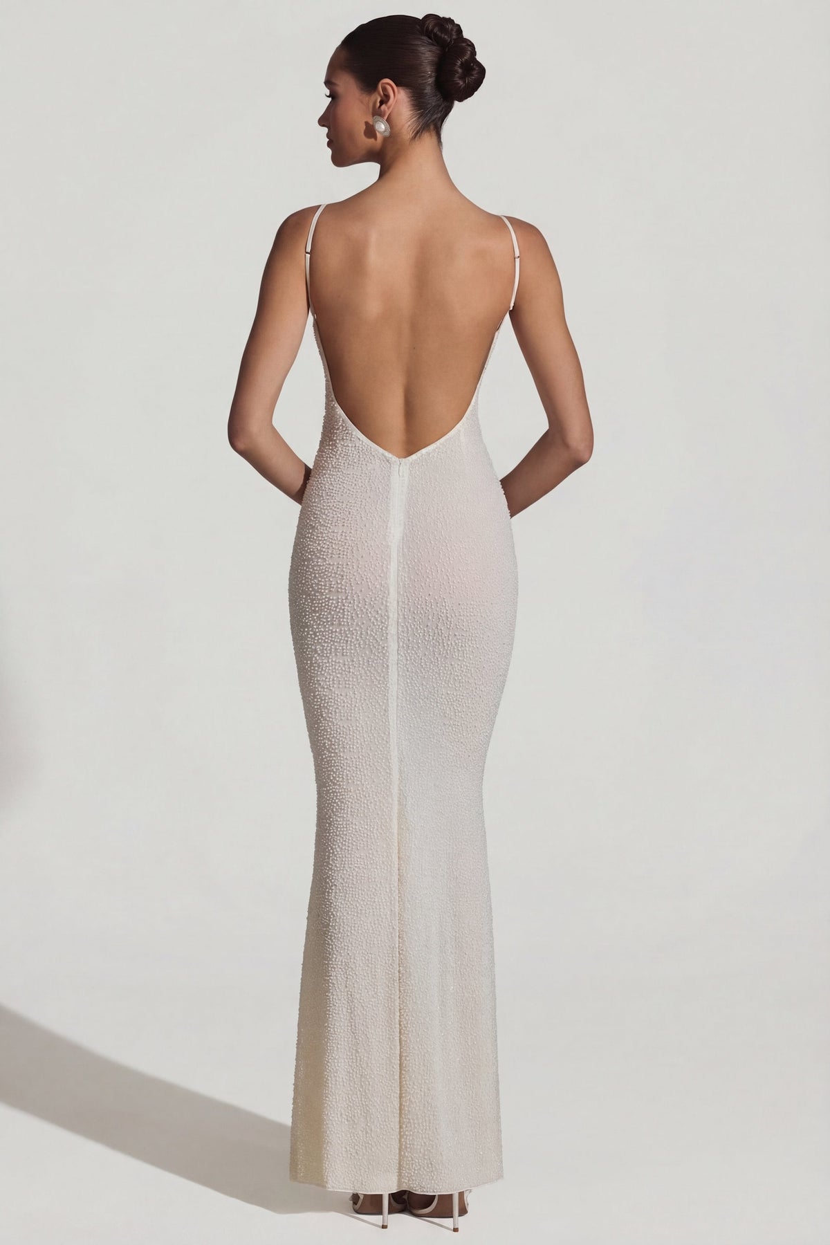 Chic Embellished Backless Maxi Dress in White