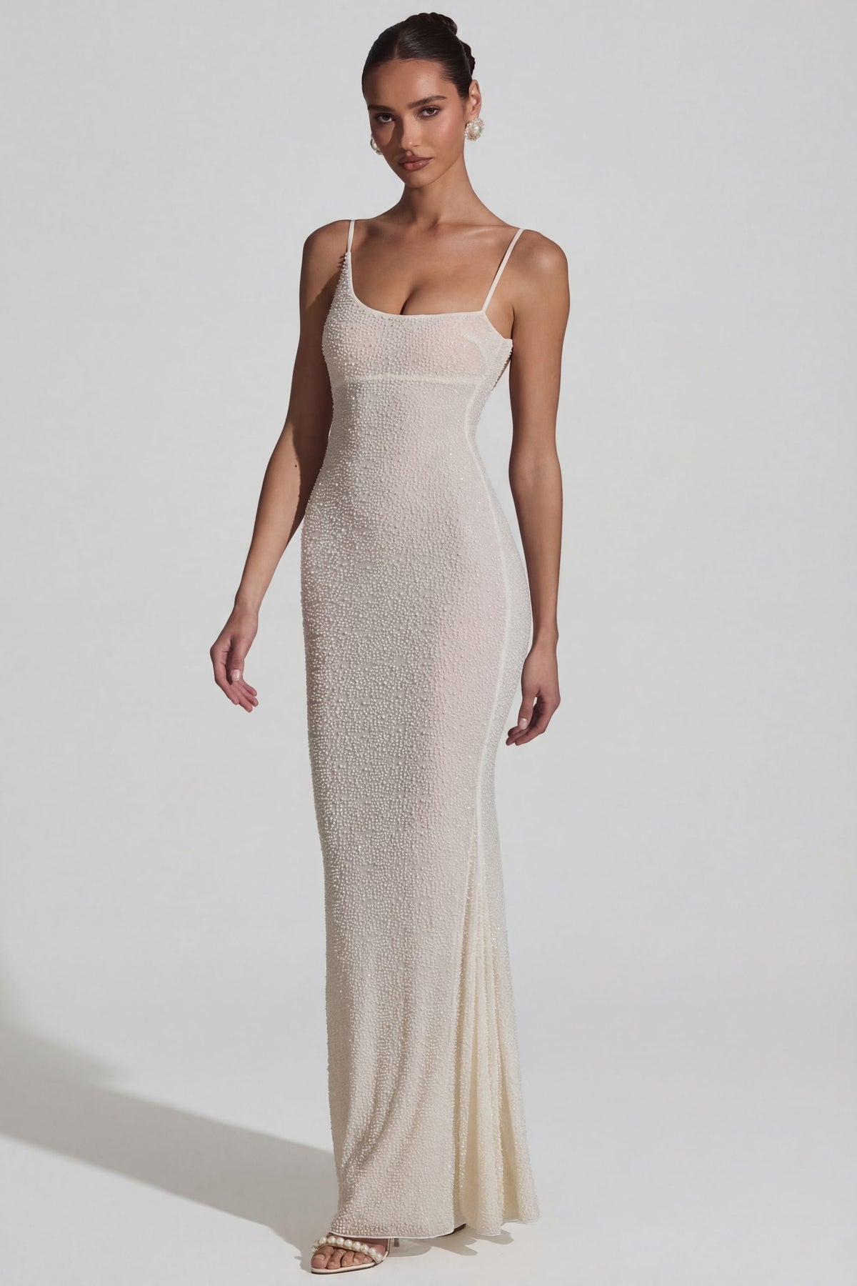 Chic Embellished Backless Maxi Dress in White