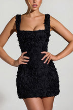Chic Floral-Appliqué Square-Neck Corset Mini Dress in Black