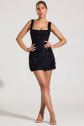 Chic Floral-Appliqué Square-Neck Corset Mini Dress in Black
