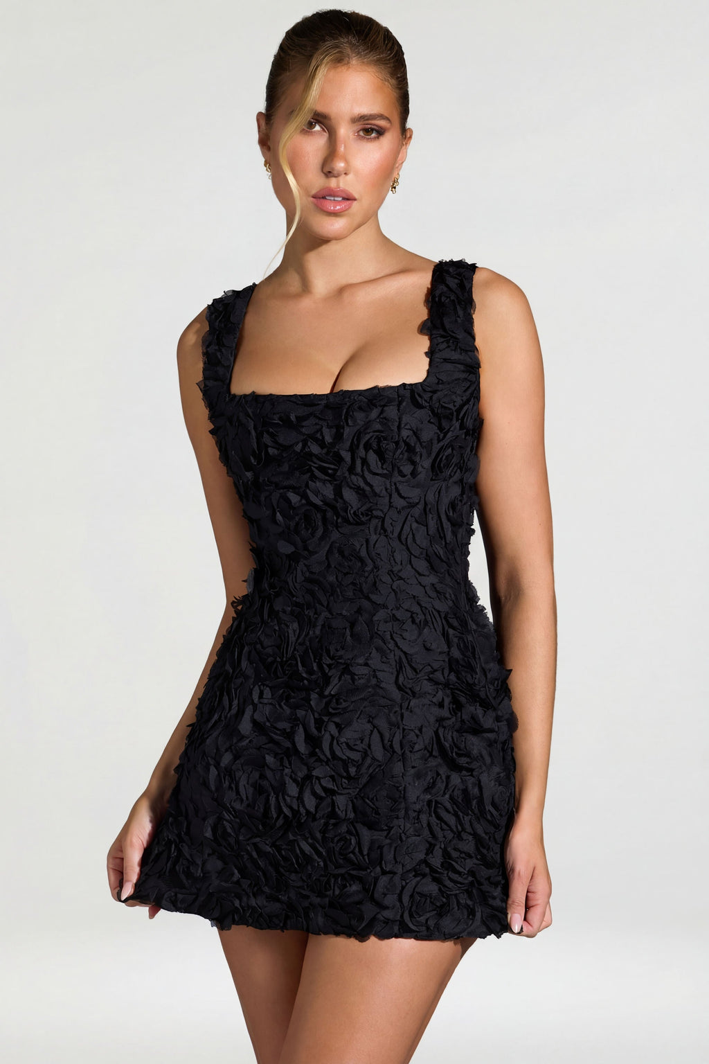 Chic Floral-Appliqué Square-Neck Corset Mini Dress in Black