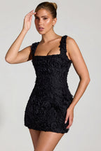 Chic Floral-Appliqué Square-Neck Corset Mini Dress in Black