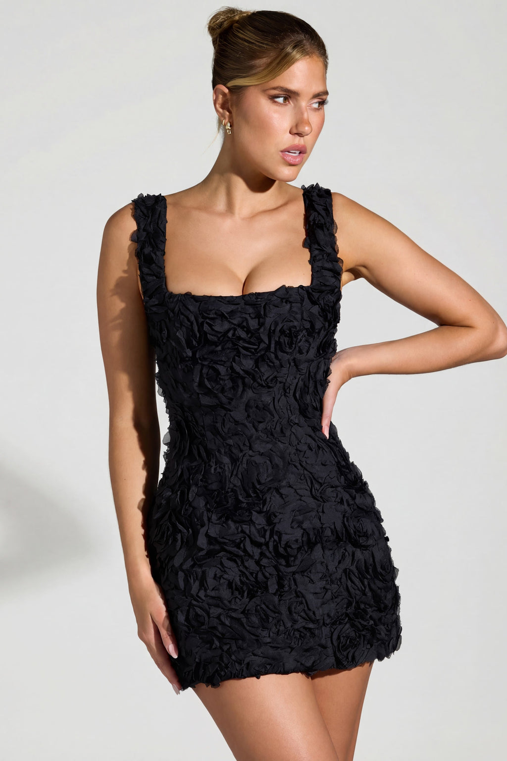 Chic Floral-Appliqué Square-Neck Corset Mini Dress in Black