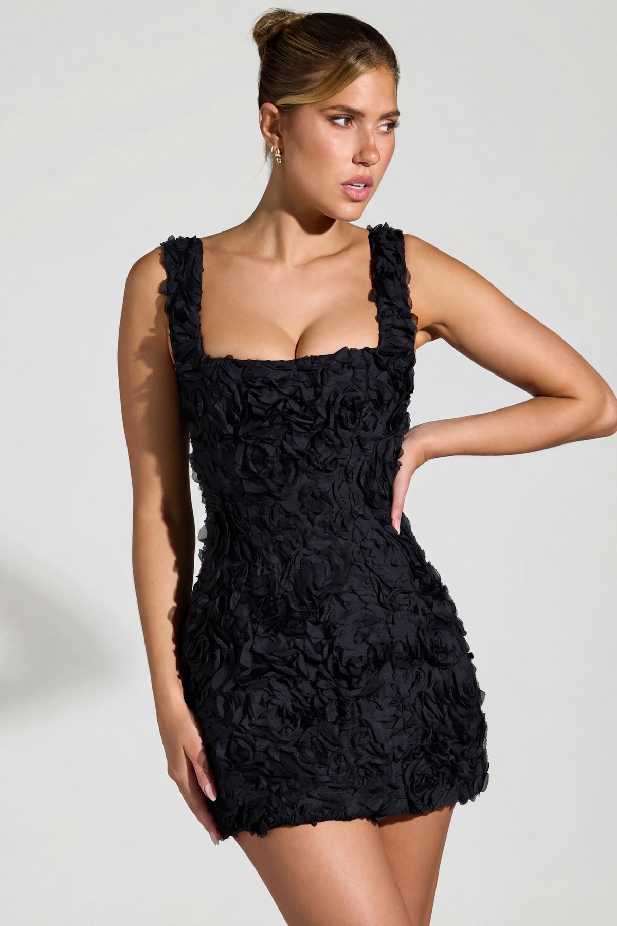 Chic Floral-Appliqué Square-Neck Corset Mini Dress in Black