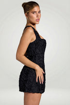 Chic Floral-Appliqué Square-Neck Corset Mini Dress in Black