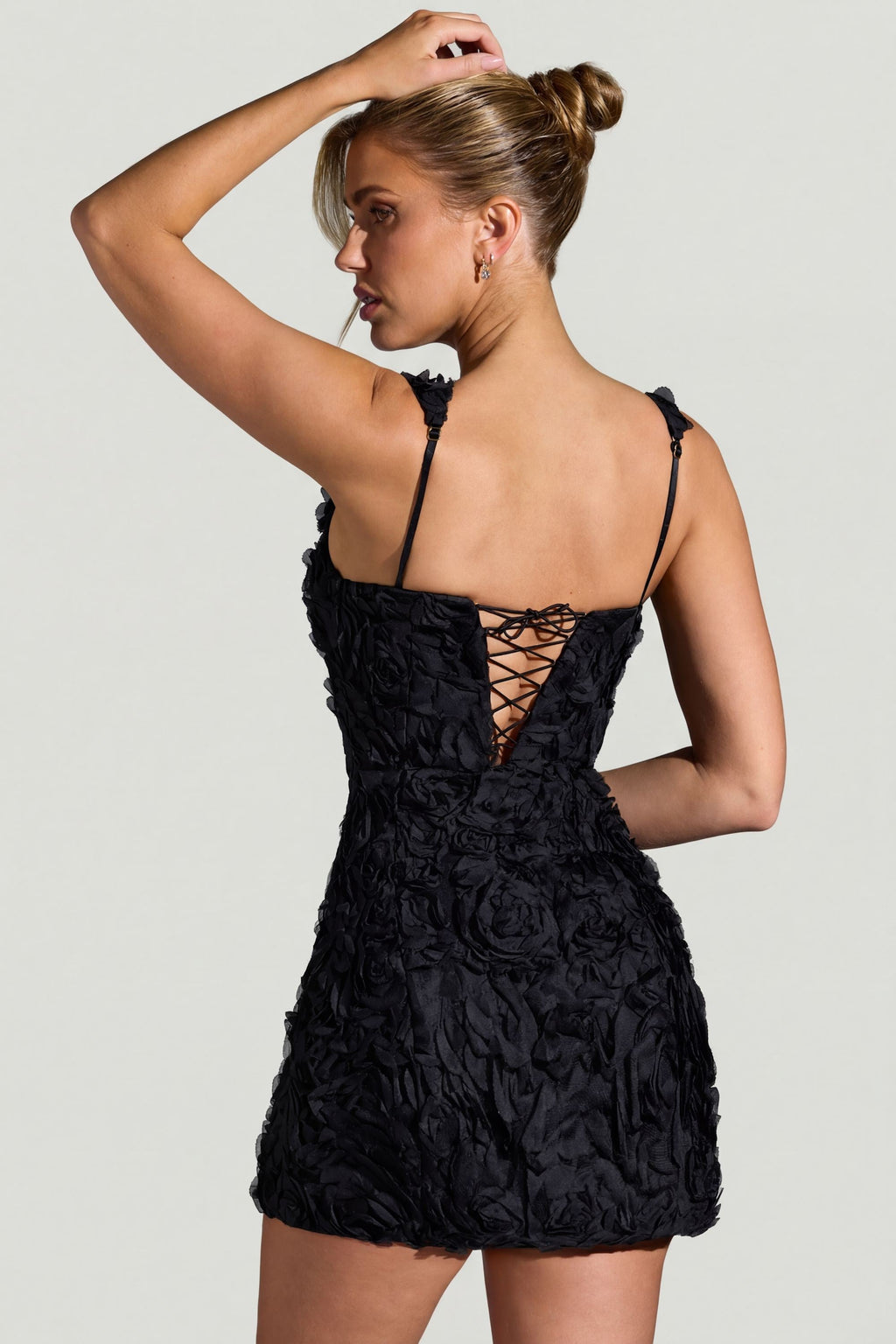 Chic Floral-Appliqué Square-Neck Corset Mini Dress in Black