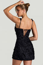 Chic Floral-Appliqué Square-Neck Corset Mini Dress in Black